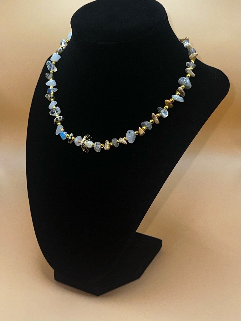 Delicate Blue Opal Chip & Gold Bead Necklace - Women Jewelry